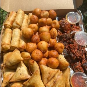 24 Samosa, 20 spring rolls, 45 puff puff, 12 gizzard