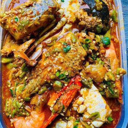 Tray of Okra soup (Snail, sea food)